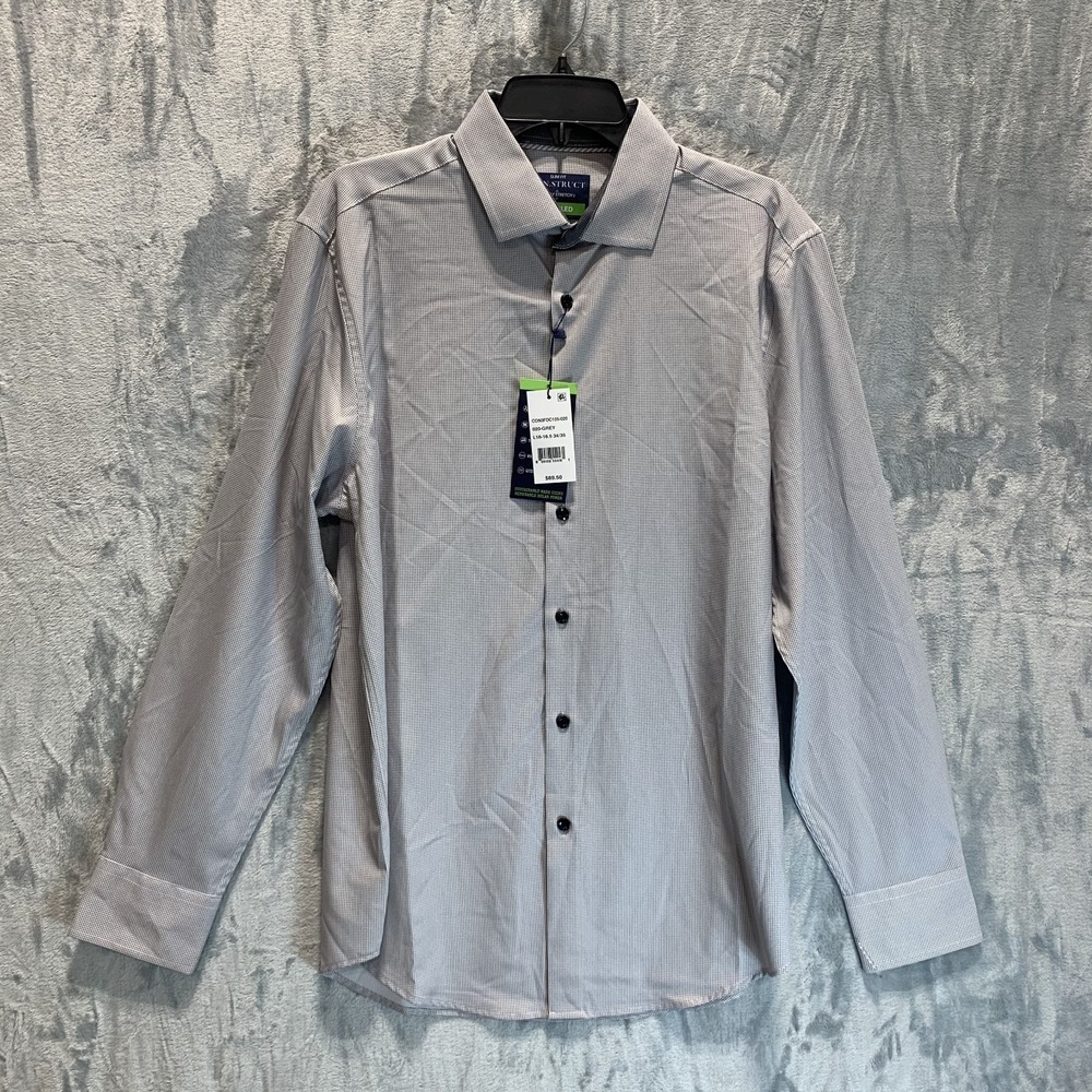 Construct Men's‎ Button Up Shirt L Grey Geometric Pattern Long Sleeve Stretch